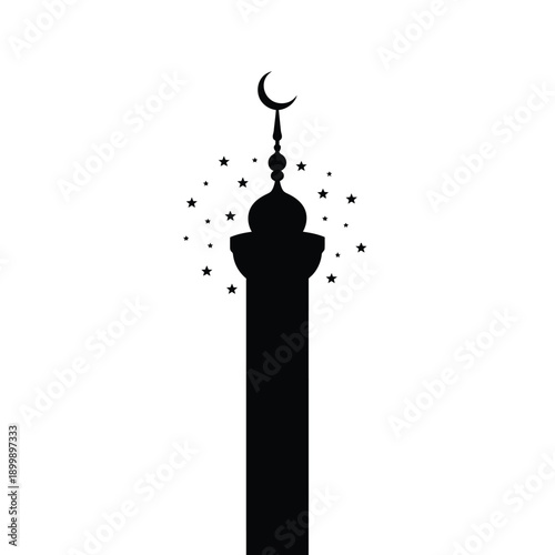 Black silhouette of a mosque minaret with crescent moon and stars