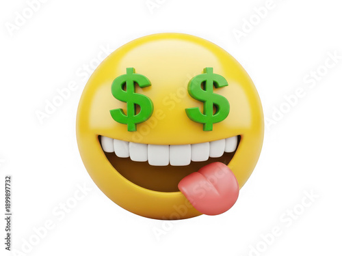 Moneymouth face emoji with dollar sign eyes sticking tongue out, richness concept, 3d rendering isolated on transparent background