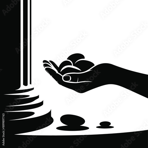 A hand offering rocks as water flows nearby in a monochrome design