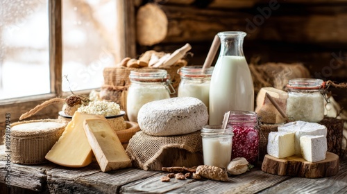 consumption. Assorted dairy products displayed on a rustic wooden table with natural side lighting. menu design, packaging mockups, designed for food delivery and cloud-kitchen brand materials.
