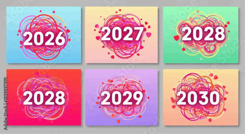Colorful calendar squares with swirling designs and future dates 2026 to 2030