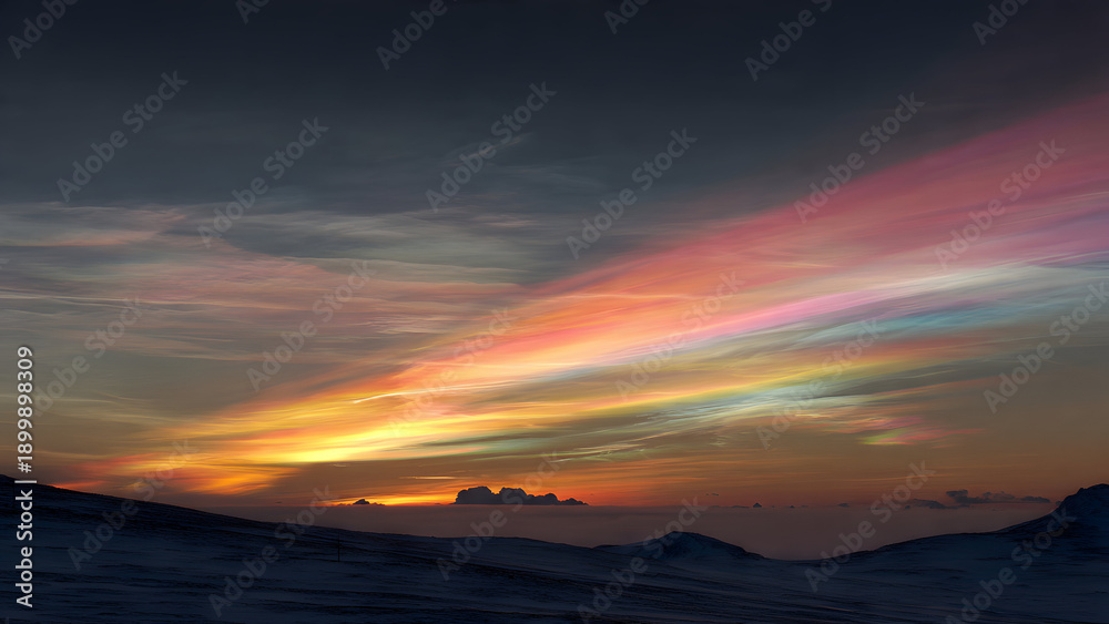Fototapeta premium Stratospheric nacreous polar stratospheric clouds at twilight, iridescent mother-of-pearl colors in pink orange yellow and blue
