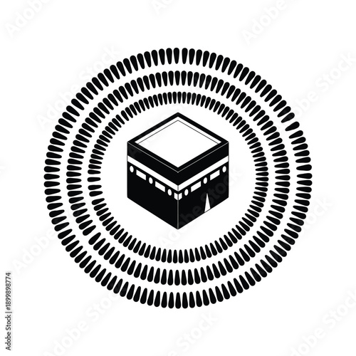 Black and white illustration of the kaaba within a circular patterned design