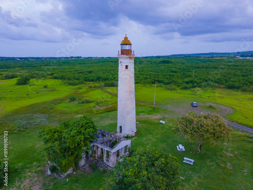 Harrison's Point Lighthouse aerial view at North Coast in Saint Lucy Parish, Barbados. 