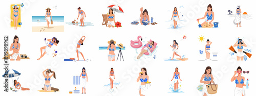 Summer Beach Activities Vector Illustration Set: Woman sunbathing, swimming, relaxing, snorkeling, running, and playing by the ocean waves on vacation.
