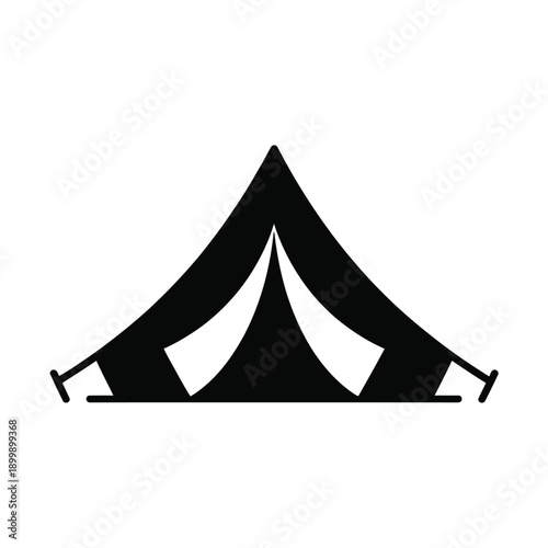 Simple black and white icon depicting a classic camping tent