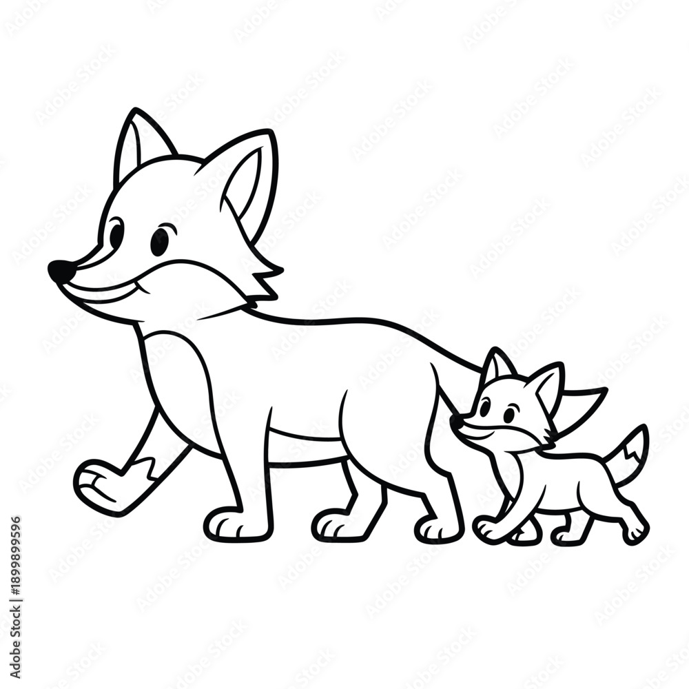 Obraz premium Cute cartoon fox and kit walking together in playful scene
