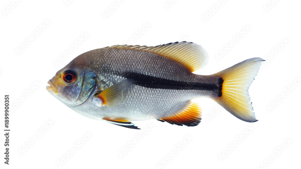 Fototapeta premium Elegant aquarium fish with striking black stripe swimming gracefully on a transparent background, isolated
