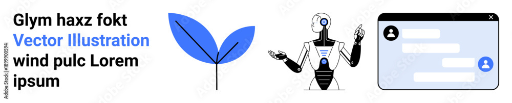 Obraz premium Artificial intelligence, communication tools, eco-innovation, chatbot systems, technology progress, environmental balance. A robot with a messaging interface and a blue leaf motif. Artificial