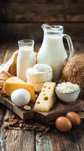 consumption. Assorted dairy products displayed on a rustic wooden table with natural side lighting. menu design, packaging mockups, designed for food delivery and cloud-kitchen brand materials.
