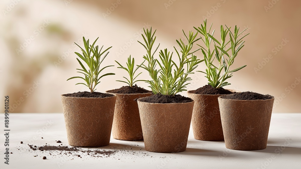 Fototapeta premium Eco-friendly seed starting scene featuring five small pots with young green plants and soil, arranged on a light surface with a soft blurred background