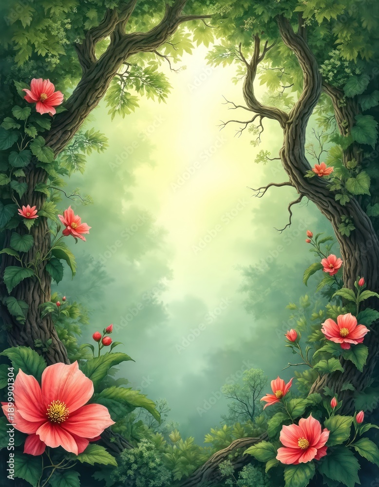 Obraz premium Enchanted forest entrance with blooming flowers and leafy trees. Magical pathway leads to bright sunlit clearing. Nature scene with lush green foliage and soft light.