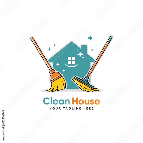 clean house service logo featuring a house silhouette, a mop, and a broom with sparkling stars. Ideal for residential cleaning companies, home maintenance, housemaid, and janitorial services
