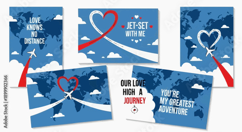 Collection of travel postcards with love and adventure themes on blue backgrounds
