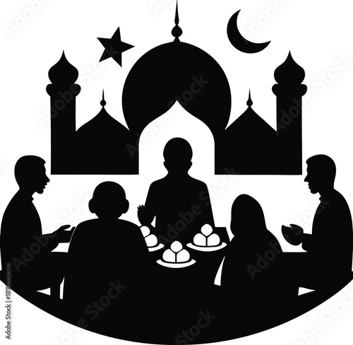 Taj Mahal silhouette vector illustration with couple and city skyline elements