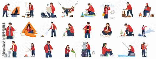 Collection of illustrations showing people engaging in various outdoor adventure activities, including camping, hiking, cooking, survival skills, and nature exploration.