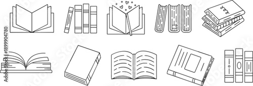 Flat vector icons of books, journals, binders, open pages, educational materials, minimal line art for learning and organization themes