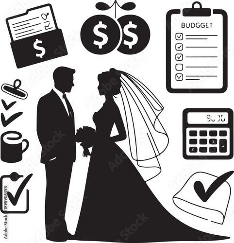 Wedding Budget Planning Silhouette Icons with Couple and Finance Symbols
