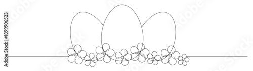 Continuous line art of Easter eggs and flowers below. This image is to commemorate Easter. Vector illustration.