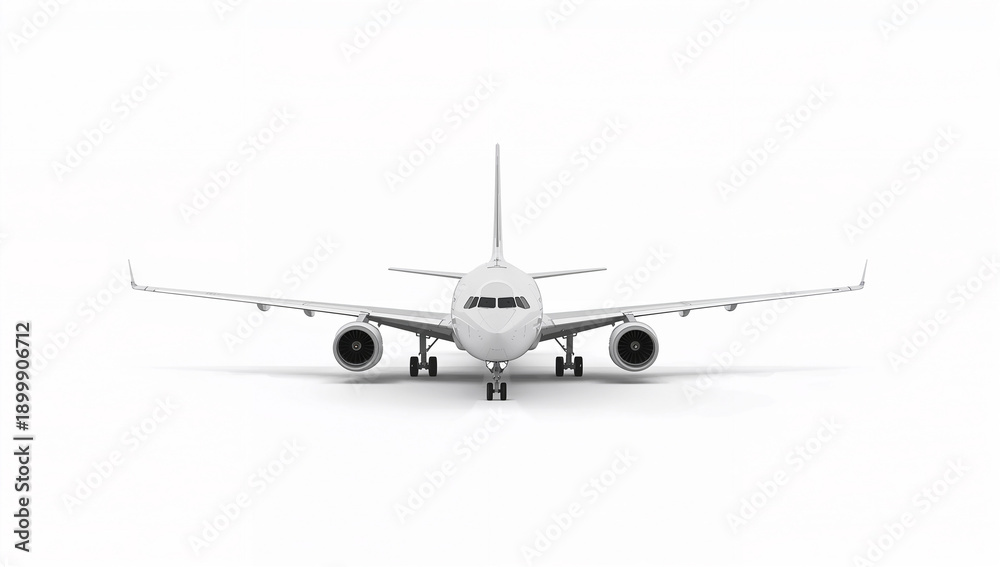 Fototapeta premium Front View of a Commercial Airplane on White Background Highlighting Symmetry, Engineering Precision, and Aerodynamic Design in Modern Aviation