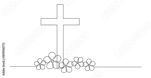 Continuous line art of a cross and flowers below it. This image is to commemorate Easter. Vector illustration.