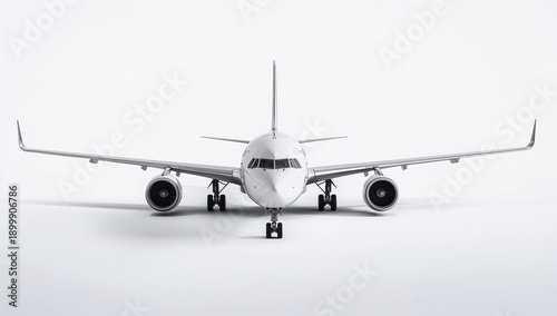 Front View of a Commercial Airplane on White Background Highlighting Symmetry, Engineering Precision, and Aerodynamic Design in Modern Aviation