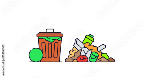 Garbage Bin and Overflowing Waste Pile Illustration. Trash, Rubbish, and Pollution Concept. Sanitation and Environmental Issues Vector Icon.