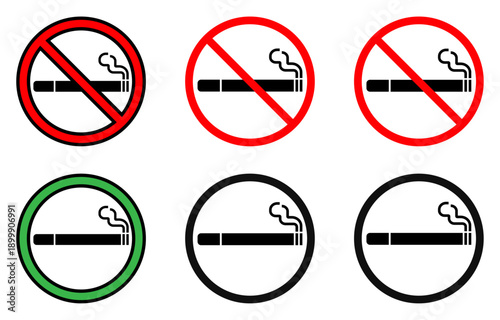No smoking and smoking allowed symbol set showing cigarette with prohibition slash and permitted smoking signs. Suitable for public places, offices, transport areas, buildings, and safety instructions