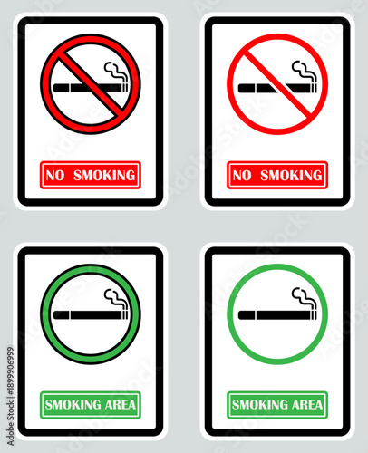 No smoking and smoking area sign set showing prohibited cigarette symbol and permitted smoking sign. Clear safety signage for public places, offices, airports, factories, and regulated areas.