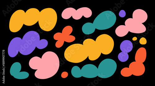 Organic irregular blob shapes. Color random deform fluid spots. Abstract liquid forms set. Simple freeform, asymmetric bubble blotches, drops or basic stains. Blots, amoeba or uneven outline figures.