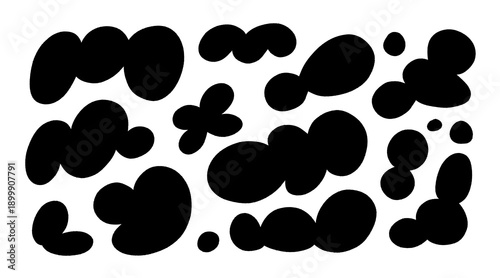Organic irregular blob shapes. Color random deform fluid spots. Abstract liquid forms set. Simple freeform, asymmetric bubble blotches, drops or basic stains. Blots, amoeba or uneven outline figures.