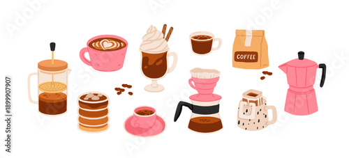 Pour over coffee and espresso brewing elements set for web and print. Modern vector elements featuring espresso machine, aeropress, and coffee tools ideal for web banners, blogs, and cafe materials.