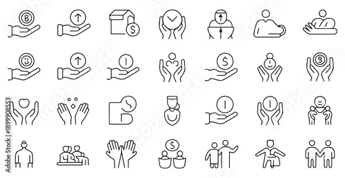 Minimalist line icons for charity and donation featuring hands holding money hearts and family silhouettes