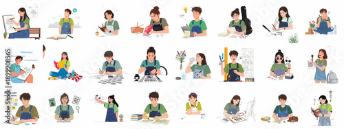 Vector illustration set of diverse young people engaged in various creative activities like drawing, writing, planning, studying, and brainstorming new ideas.