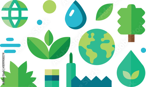 A collection of flat design icons representing environmental and ecological concepts like nature, water, and industry Vector, illustration