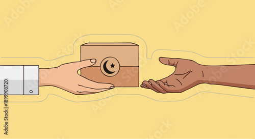 Ramadan Charity and Donation Concept Showing Hands Giving a Food Box with Islamic Crescent Symbol