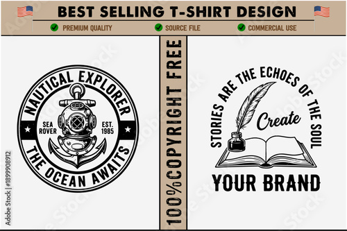 Nauticalthemed graphic t-shirt design designs for tshirts and branding featuring anchor and diving helmet with inspirational quotes about ocean and creativity