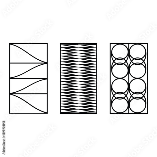 Three distinct geometric patterns showcasing different artistic styles and techniques isolated on white background, Vector