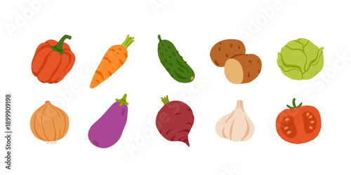 Collection of various vegetables isolated on white background. Healthy vegetarian food. Bundle of organic natural crops, salads, greens and herbs. Colorful vector illustration in flat cartoon style