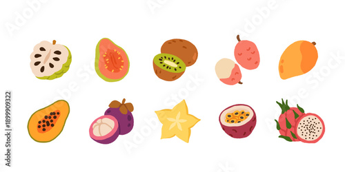 Set of tropical fruits. Persimmon, banana, pineapple, etc. Vector illustration of exotic fruits on a white background.