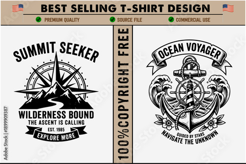 Vintage style tshirt designs with mountain and ocean navigation themes featuring compass and anchor isolated on transparent background