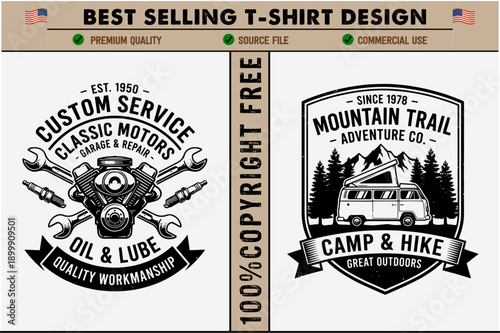 Vintagestyle t-shirt design emblems for automotive repair service and outdoor adventure company featuring classic motors and mountain trail camping scenes