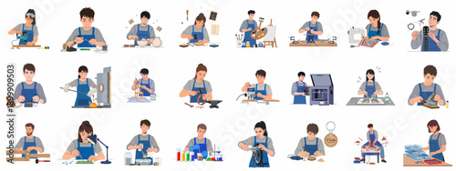 Diverse crafts and skilled trades illustration set, featuring people doing woodworking, soldering, painting, pottery, 3D printing, and mechanical repair.