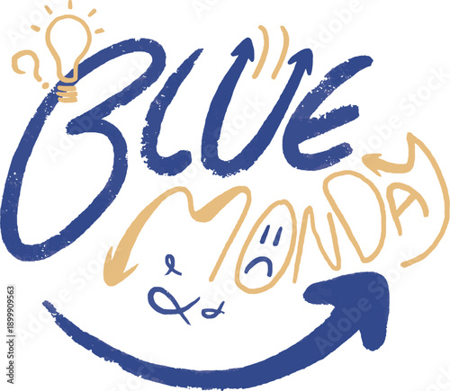 Blue Monday Creative Typography Art. Expressive hand-drawn lettering exploring the "Blue Monday" concept, blending melancholic vibes with creative symbols like lightbulbs and arrows in a textured, duo