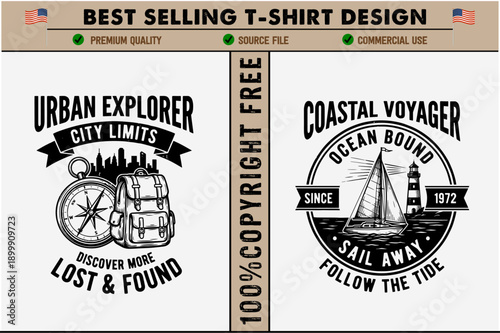 Vintagestyle tshirt designs featuring urban explorer and coastal voyager themes with navigational elements and inspirational quotes