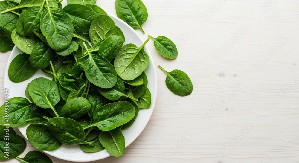 Obraz premium fresh baby spinach leaves on white plate over light wooden background
