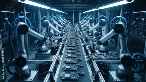 Robotic arms assembling electronic components on a factory assembly line