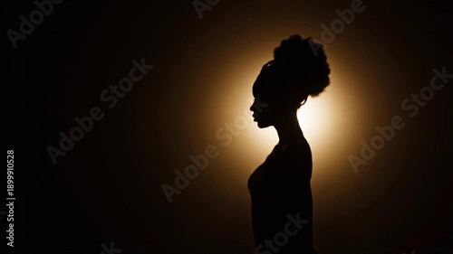 Silhouetted woman with updo facing left against golden light burst, dramatic portrait in darkness