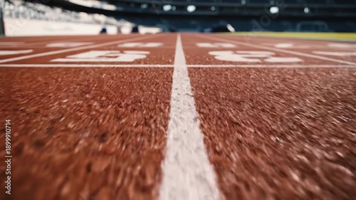 Closeup of a red running track with white lines in a stadium