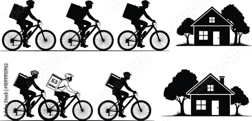 delivery, courier, cyclist, bicycle, service, logistics, transport, silhouette, rider, parcel, home, house, suburb, urban, motion, speed, vector, illustration, black, white